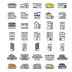 家のアイコンセット　戸建ビル2階、3階狭小住宅などの家のアイコンです。

