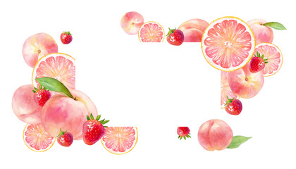 フレッシュなピンクのフルーツで構成したフレームデザイン。桃、イチゴ、グレープフルーツの水彩イラスト。（透過背景）
