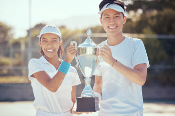 Champion, professional portrait and trophy for tennis tournament winners with joyful and satisfied...