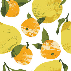 Seamless pattern with juicy mandarin, tangerine, orange, clementine, pomelo, pummelo. Fresh citrus fruit, healthy organic food. Ripe fruits. Vector flat cartoon botanical illustration