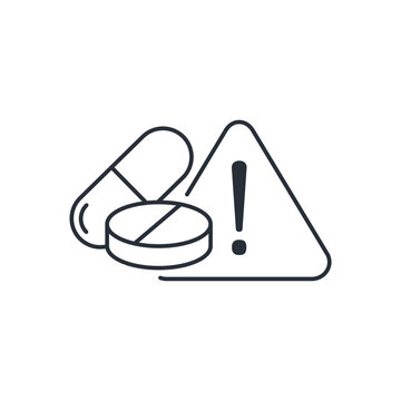 Medical pills and attention icon. Medical warning. Vector linear icon isolated on white background.