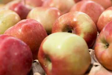 Fototapeta na wymiar Juicy red apples. Vitamins and healthy food. Fresh harvest. Selective focus. Close-up.