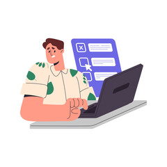 Student passing online test at laptop computer. Uncertain man checking wrong incorrect answer at internet exam. Remote examination. Flat graphic vector illustration isolated on white background