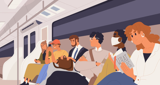 People commuting in subway train. Passengers of public transport sit inside metro car. Men, women reading book, playing with phone, sleeping, travel in underground carriage. Flat vector illustration