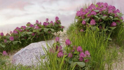 Beautiful purple flowers in blooming nature landscape scene 3D rendering spring time wallpaper backgrounds