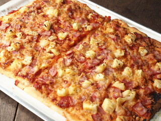 Homemade square Hawaiian pizza