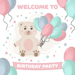 Birthday card with teddy bear and balloons
