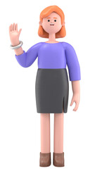 Supports PNG files with transparent backgrounds. 3D illustration of a smiling businesswoman Ellen waving hand. Portraits of cartoon characters smiling businessman saying hello.