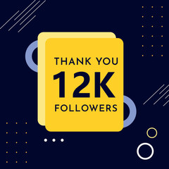 Thank you 12k or 12 thousand followers with yellow frames on dark navy background. Premium design for banner, social media story, social sites post, achievement, social networks, poster.