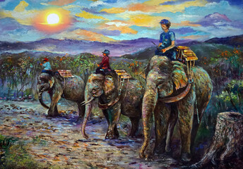 Naklejka premium elephant hauling logs decorate hand painted original impressionism art painting oil color elephant family thailand safari zoo chang chang pachyderm canvas painting mix colors fragment of artwork 