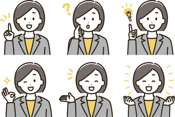 スーツの女性の表情バリエーションのイラストセット（肌色なしバージョン）