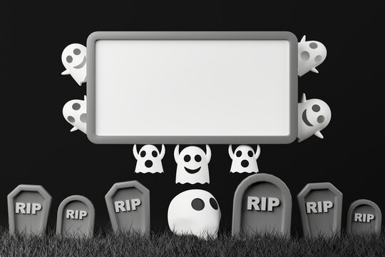 3d rendering Halloween day empty banner with graveyard, ghost and skull.