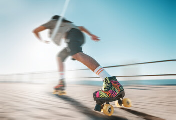 Freedom, speed and fitness, a woman on roller skates in the sun. Summer sports, retro exercise and...