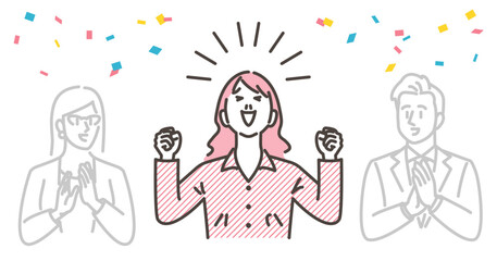 concept of business achievement and success. Man and woman clapping and woman pumping fists in the air [Vector illustration].