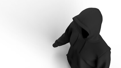Anonymous hacker with black color hoodie in shadow under white lighting background. Dangerous criminal concept image. 3D CG. 3D illustration. 3D high quality rendering.