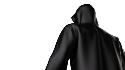 Naklejka na ściany i meble Anonymous hacker with black color hoodie in shadow under white lighting background. Dangerous criminal concept image. 3D CG. 3D illustration. 3D high quality rendering.
