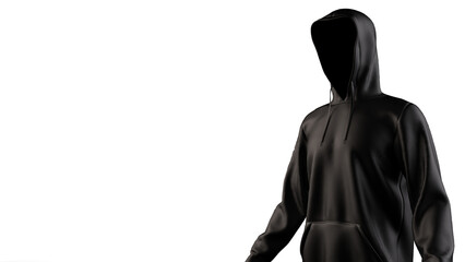 Naklejka na ściany i meble Anonymous hacker with black color hoodie in shadow under white lighting background. Dangerous criminal concept image. 3D CG. 3D illustration. 3D high quality rendering.