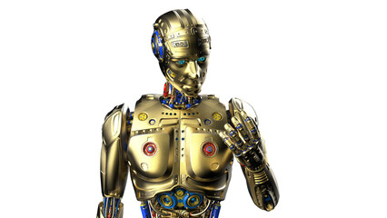 Fototapeta premium Detailed appearance of the gold AI robot under white background. Concept image of automatic operation, optimization and block chain. 3D illustration. 3D high quality rendering.
