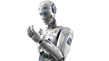 Detailed appearance of the white AI robot under white background. Concept image of automatic operation, optimization and block chain. 3D illustration. 3D high quality rendering.