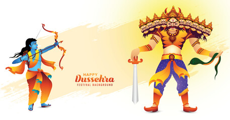 Fototapeta Illustration of lord rama killing ravana with ten heads in happy dussehra celebration background obraz