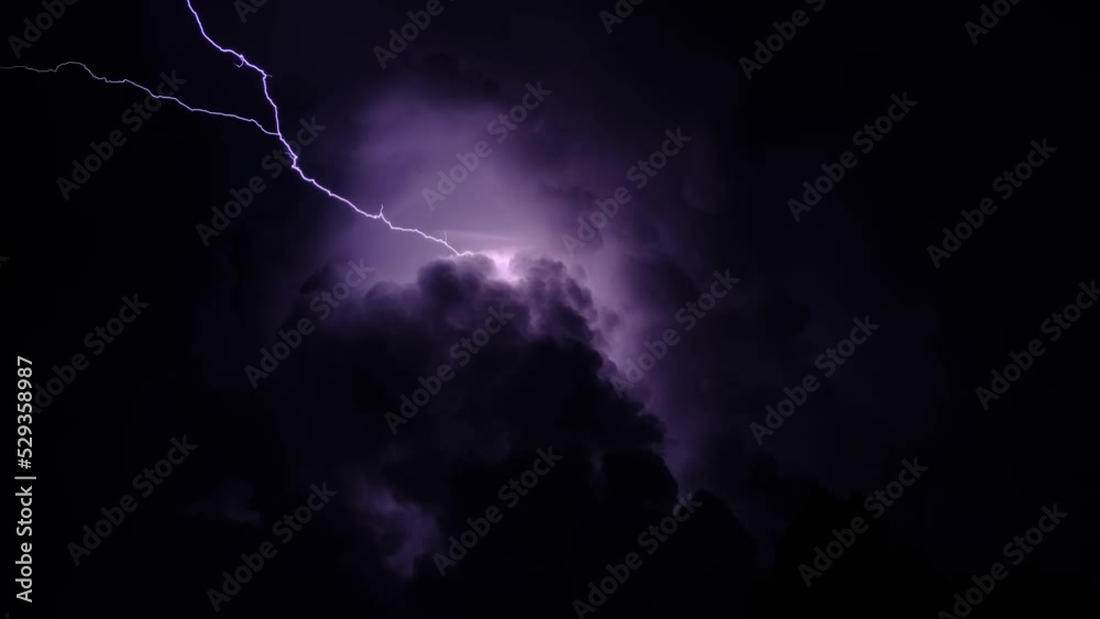 Wall mural lightning in the night sky, flashes on the cloudscape in the darkness, thunderbolt effect variations