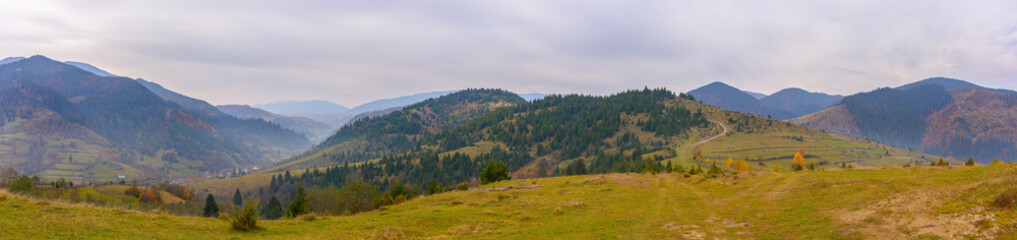 Fototapeta na wymiar panorama of countryside landscape in autumn. grassy pasture meadows and forested hills. carpathian mountain ridge in the distance. village in the valley. overcast weather