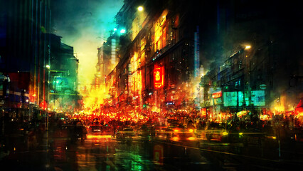 Fototapeta na wymiar China night street in the city cyberpunk, Digital art style, illustrations.