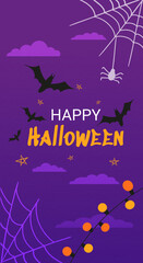 text Happy Halloween on the background of the night cloudy starry sky with bats cobwebs and garland