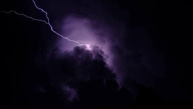 Lightning in the night sky, flashes on the cloudscape in the darkness, thunderbolt effect variations, fx isolated, storm with lightning bolt, lightning strikes in the clouds in the dark, thunderstorm.