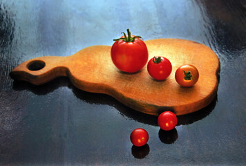 tomatoes on a cutting board on a dark background, tomatoes, vegetables