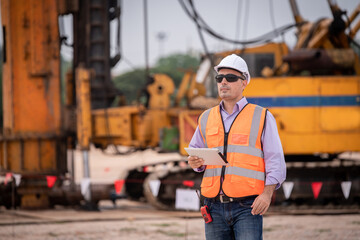 Surveyor engineer wearing safety uniform ,helmet and radio communication with equipment theodolite...