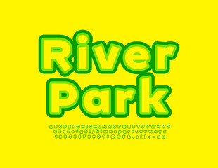 Vector creative logo River Park. Green and Yellow Font. Bright Alphabet Letters and Numbers set
