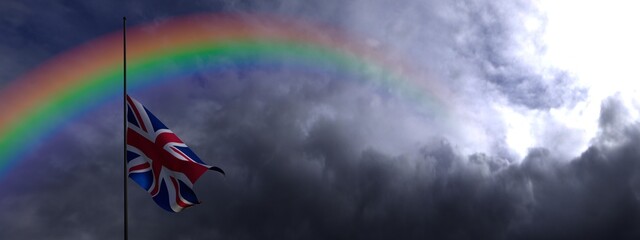 UK flag in half mast and rainbow. United Kingdom flag against dark dramatic cloudy sky with colorful rainbow. 3D render British flag illustration - obrazy, fototapety, plakaty