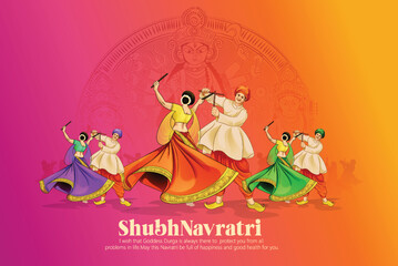 Obraz na płótnie Canvas Shubh Navratri festival celebration poster or banner design with illustration of Couple performing dandiya and dancing Garba with dandiya stick 