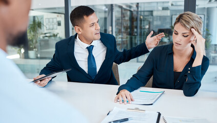Angry, fight and divorce lawyer at work bullying a person in a meeting due to a mistake and office...