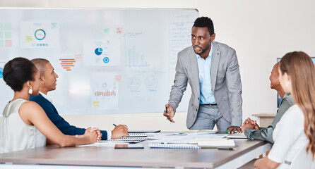 Businessman sales presentation or marketing and finance report update in meeting with KPI document, financial analytics chart and data analysis. Strategy leader manager speaking, planning with people