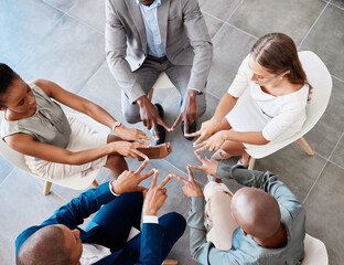 Star hand, teamwork and collaboration of business people for mission, goal or success from above. Corporate team, diversity or group support, trust or motivation in solidarity, unity or union.