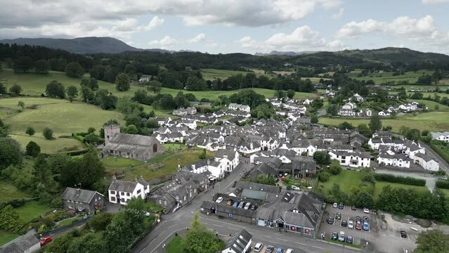 Drone, aerial footage of Hawkshead Village in the Lake District, Cumbria.
The village is still the same collection of tiny houses, and squares loved by Wordsworth and Beatrix Potter.