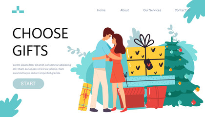 Landing page banner Happy couple lovers hug celebrateholiday together. many gifts Smiling man and woman have fun embrace enjoy New Year party or celebration. flat Vector illustration