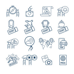 Set of conceptual travel icons. Attraction icons, transportation for travelling, hotel booking, vacation location search.