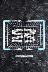 empty shopping basket with post pandemic economical recession keywords