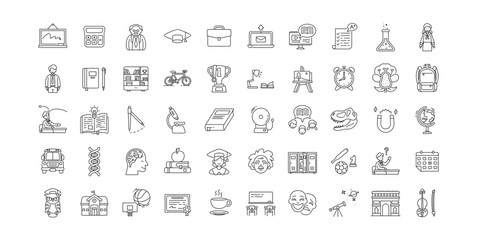 Set of school outline icons. Contains such Icons as whiteboard, teacher, student, graduation, breakfast, art class, basket ball, library, bus, certificate, stationary,  etc. pixel perfect at 64x64.
