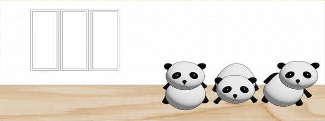 Panda in room with white brick walls and wooden floor. for illustration