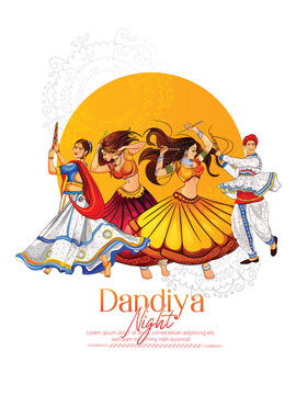 Shubh Navratri festival celebration poster or banner design with illustration of Couple performing dandiya and dancing garba with dandiya stick 