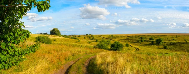 Fotobehang Blauwe hemel Sunny summer rural landscape with dirt road and hills  © valeriy boyarskiy