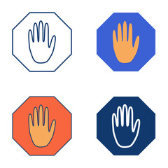 Stop sign with hand icon set in flat and line style