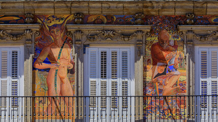 Tourist Information Center with a frescoed facade on Plaza Mayor, Madrid, Spain - obrazy, fototapety, plakaty