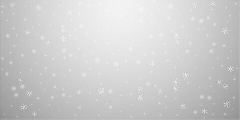 Christmas falling snow background. Subtle flying snow flakes and stars. Festive winter silver snowflake overlay template. Vector illustration