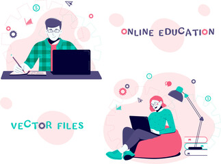 Flat design concept of online education, training and courses, training, video tutorials. Vector illustration for a website banner, marketing materials, presentation template, online advertising.