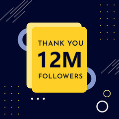 Thank you 12M or 12 million followers with yellow frames on dark navy background. Premium design for web banner, social media story, social sites post, achievements, poster, and social networks.